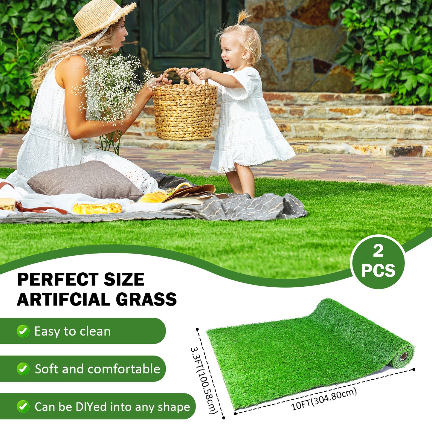 2Pack 3.3FTx10FT Artificial Grass Realistic Synthetic Thick Fake Faux Grass Rug Astroturf Carpet Landscape For Dogs Indoor Outdoor Garden Lawn Mat, With Drainage Holes