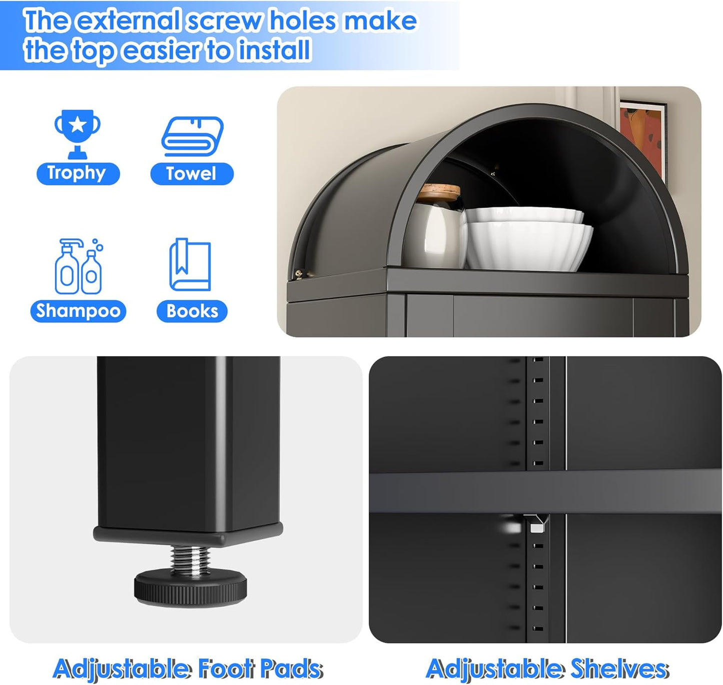Metal Arched Bookcase Cabinet, Arch Display Storage Cabinet With Glass Doors & Shelves And 1Drawer For Living Room, Kitchens,Office, Black, Assembly Required