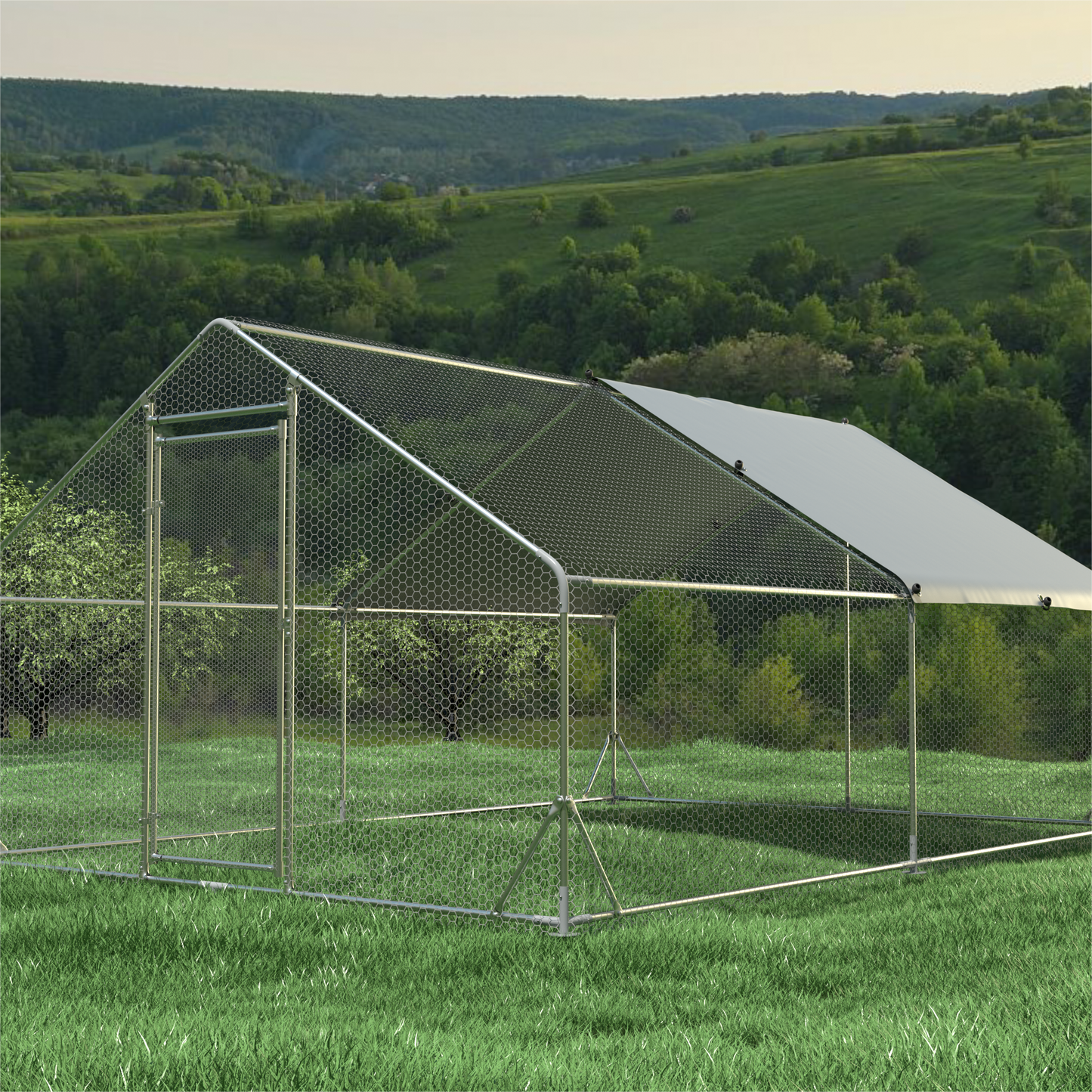 Large Metal Chicken Coop Walk-in Poultry Cage Hen Run House Rabbits Habitat Cage Spire Shaped Coop With Waterproof And Anti-Ultraviolet Cover 13.1L X 9.8 W X 6.4H