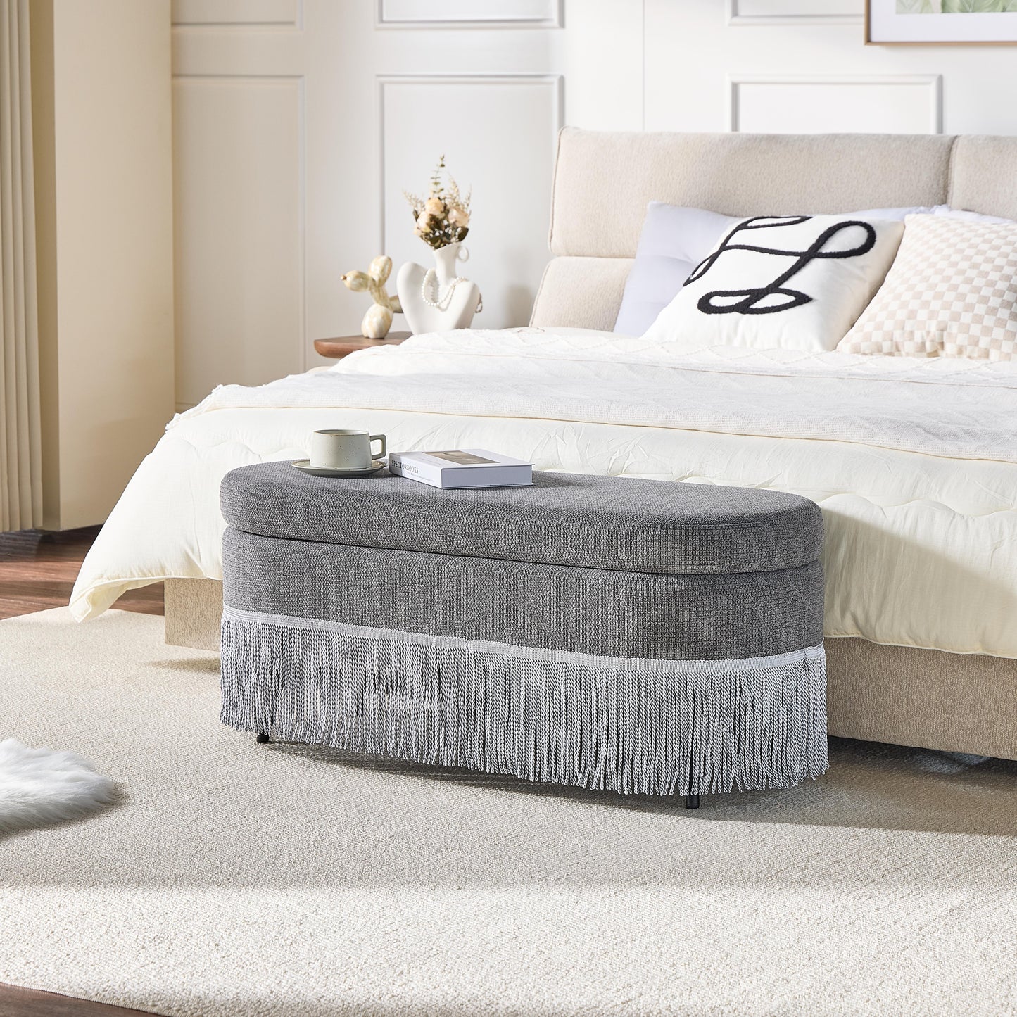 Oval Upholstered Storage Ottoman With Fringe Trim & Lift-Top Lid - 39L X 16W X 17H, Multi-Functional Footrest & Hidden Storage For Living Room Or Bedroom - Grey Fabric With Metal Frame