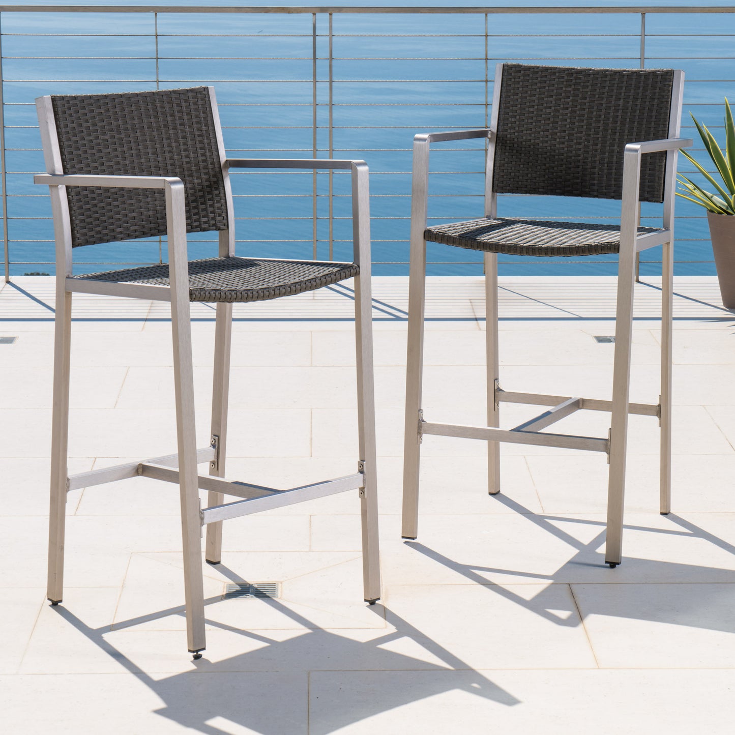 Outdoor 29.50 Rust-Proof Aluminum Barstools With PE Rattan Seat And Backrest, Set Of 2, Silver & Grey