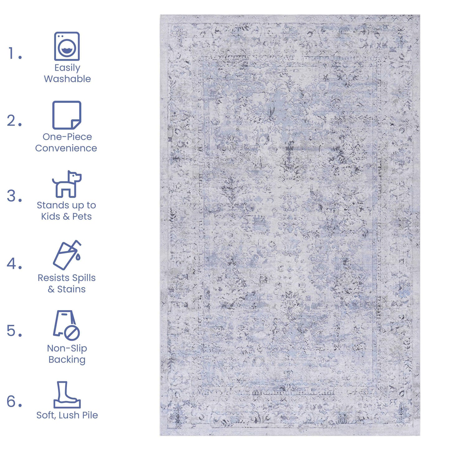 MAVAL Blue Washable Rug 8x10 Area Rug  Blue Cream, 8' X 10'