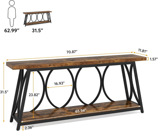 Extra Long Console Table, Industrial Sofa Table Behind Couch With 2 Tier Storage Shelf