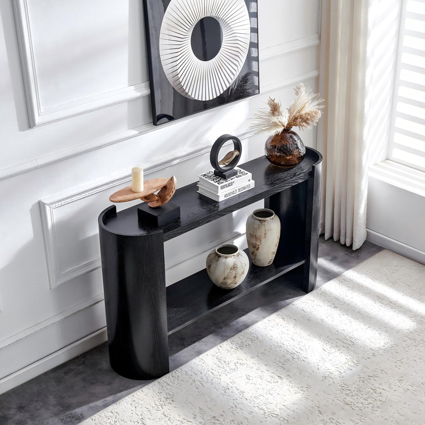 Double-layer Black Curved Foyer Table - Black Wood Grain Minimalist Entrance Small Space Living Room Sofa Side Table