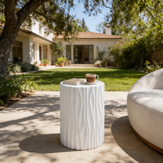 Modern White Outdoor Side Table With Wavy Fluted Design - 15.75  Round, 21.97  H, MGO Material, 66 Lbs Capacity, Assembly-Free For Patio, Garden, Or Balcony