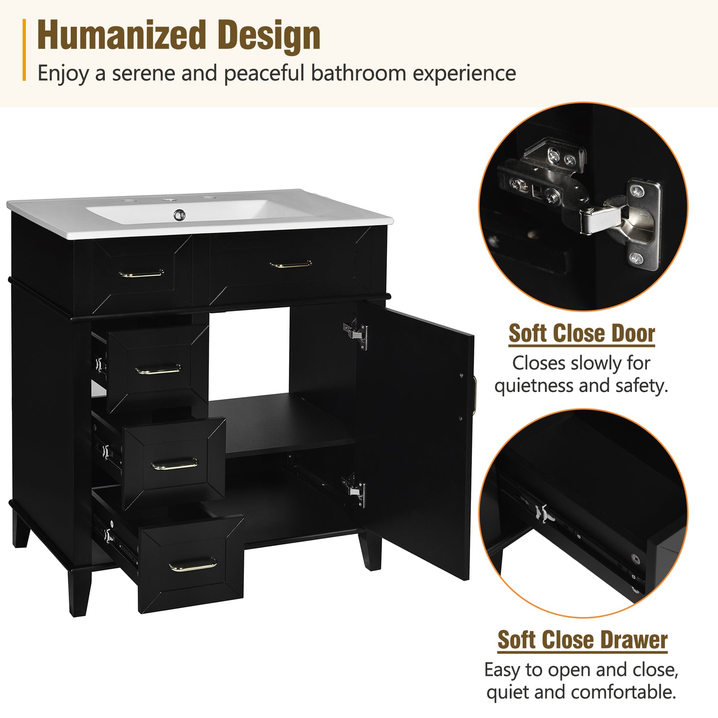 30-Inch Bathroom Vanity With Ceramic Sink, Adjustable Shelf, Soft Close Door, And Three Soft Close Drawers