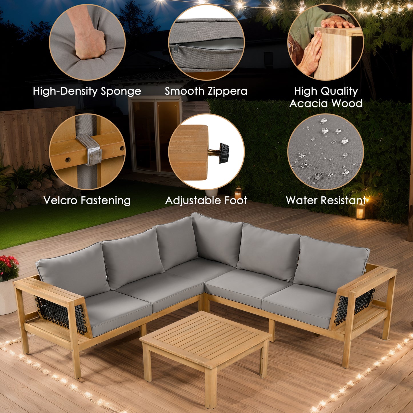 4 Pieces Outdoor Acacia Wood Sofa Set, Woven Mesh Armrests, L-Shaped Patio Furniture Sofa Set With Coffee Table, Outdoor Conversation Set With Gray Cushions And Side Table