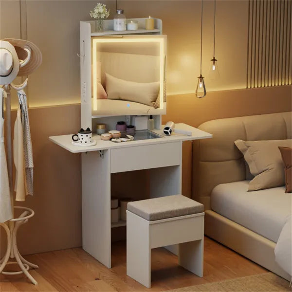 Vanity Table With LED Lighted Mirror, 2 Drop Leaf Extension & Built-in Charging Station-White