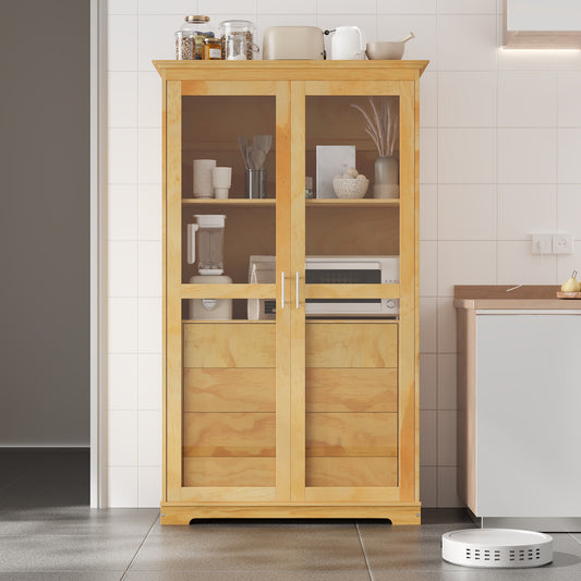 TOPMAx 44.7x20x75inch Kitchen Pantry  Freestanding Kitchen Storage Cabinet Display Cabinet With Glass Doors And 4 Built- In Drawers For Living Room  Home Office  Natural