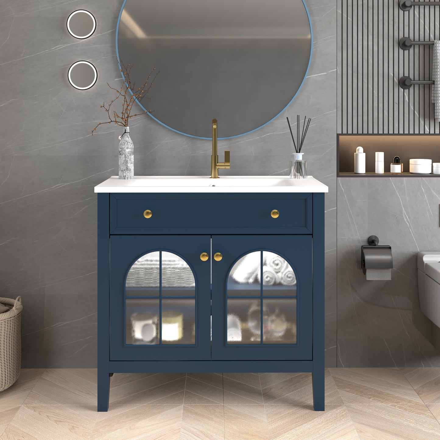 35.6  Mid-Century Bathroom Vanity Sink With Patterned Glass & Motion-sensor Light Strip, Farmhouse Freestanding Bathroom Vanity Sink With Storage, High-end Restroom Vanity Cabinet,Blue