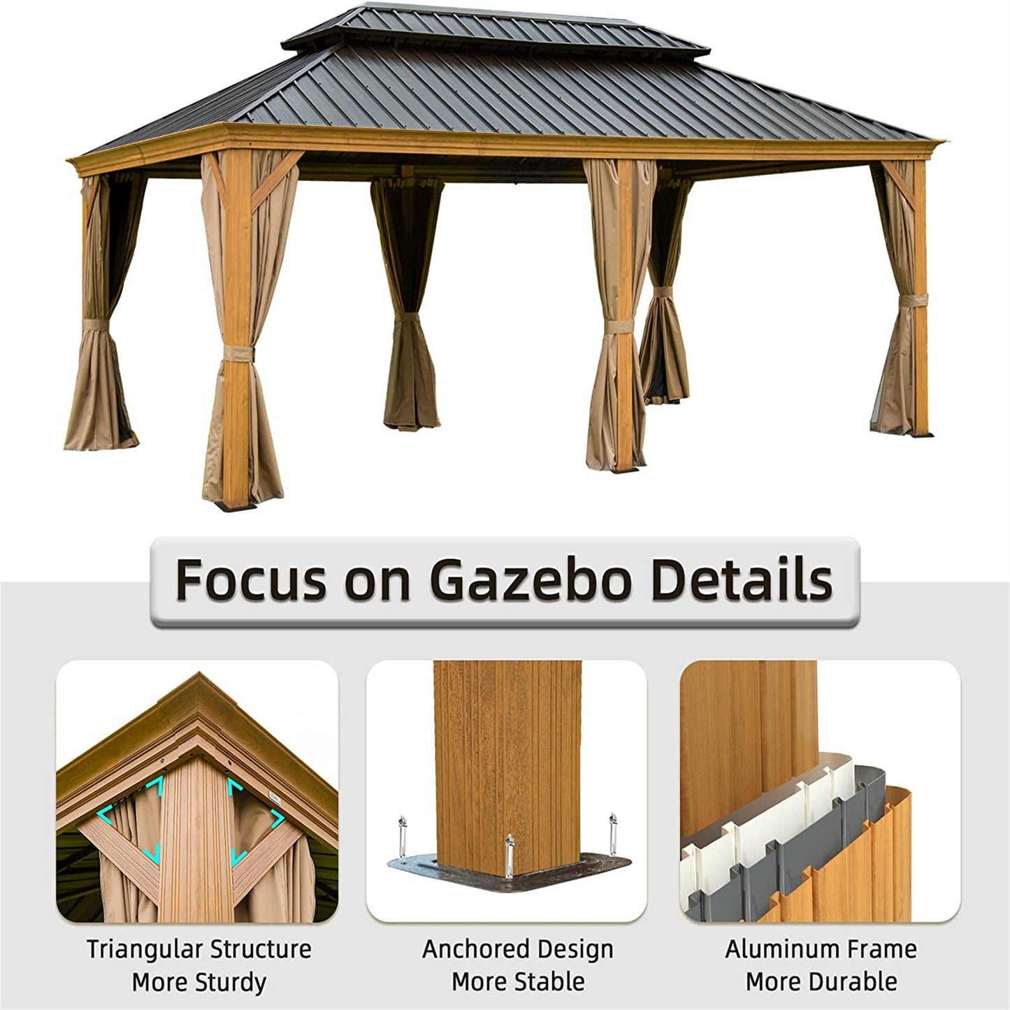 12 X20  Hardtop Gazebo Outdoor Aluminum Wood Grain Gazebos With Galvanized Steel Double Canopy For Patios Deck Backyard,Curtains&Netting  Wood-Looking