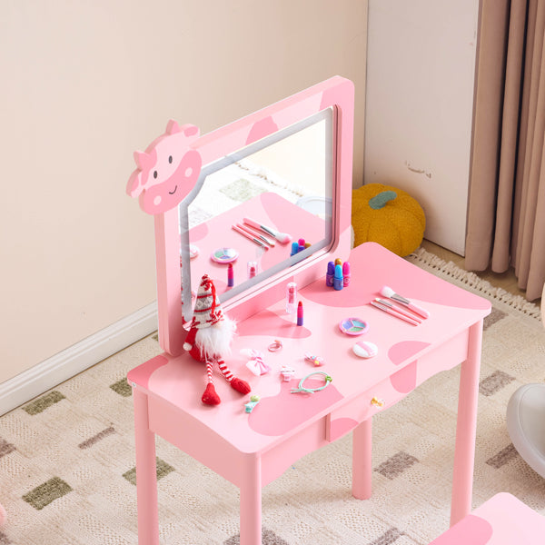 Pink MDF - Solid Wood Legs, Spray Paint - Silkscreen Printing, Cow Pattern, 1-drawer Children's Dressing Table Set, LED Three-color Backlit Touch Switch