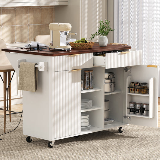 K&K 52  Fluted Kitchen Island With Drop Leaf, Power Outlet,  Kitchen Storage Cart With Adjustable Shelves, 2 Doors And 2 Drawers, Rolling Island Table With Walnut Color Top For Kitchen, White