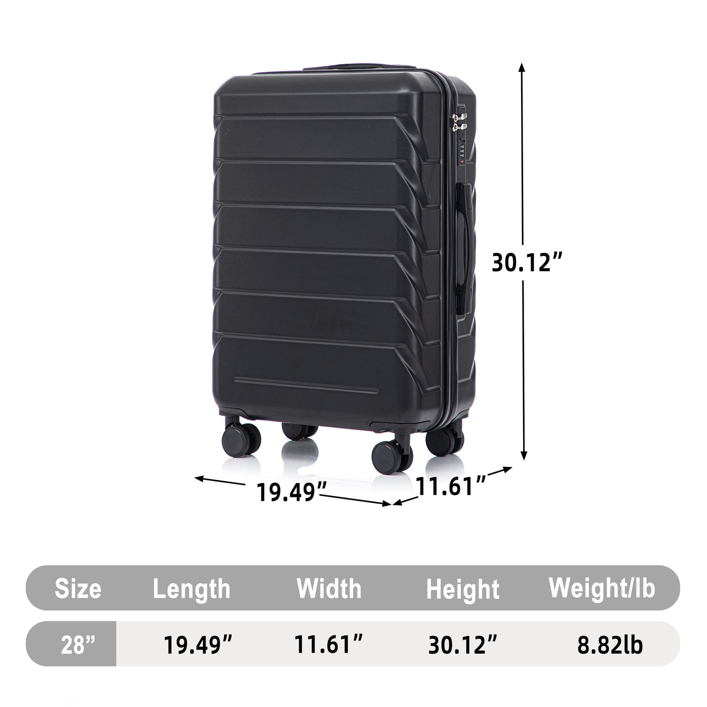 28 Inch ABS Hard Shell Large Travel Checked Luggage - Scratch Resistant Surface Four Multi-Directional Wheels,  With Combination Lock And Side Hooks Black