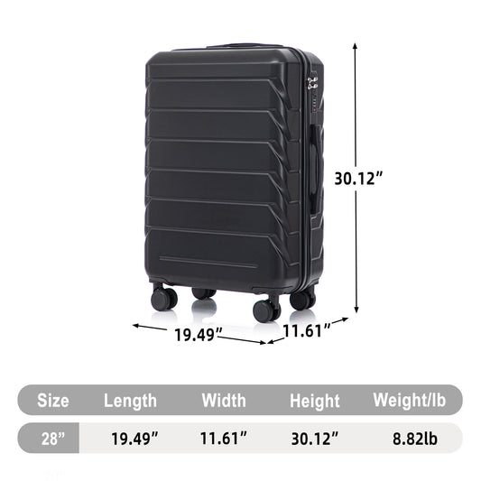 28 Inch ABS Hard Shell Large Travel Checked Luggage - Scratch Resistant Surface Four Multi-Directional Wheels,  With Combination Lock And Side Hooks Black
