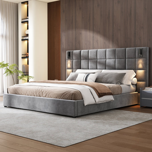 King Size Upholstered Bed Frame,With Wall Sconce And USB Port, Wide Headboard, Velvet, Gray