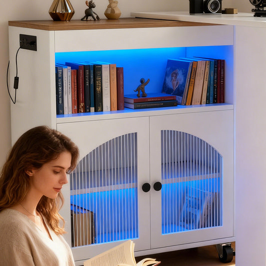 Kitchen Island On Wheels With Extended Table MDF Rolling Kitchen Storage Cart With LED Light Power Outlets 2 Fluted Glass Doors Side 3 Open Shelves White US Plug
