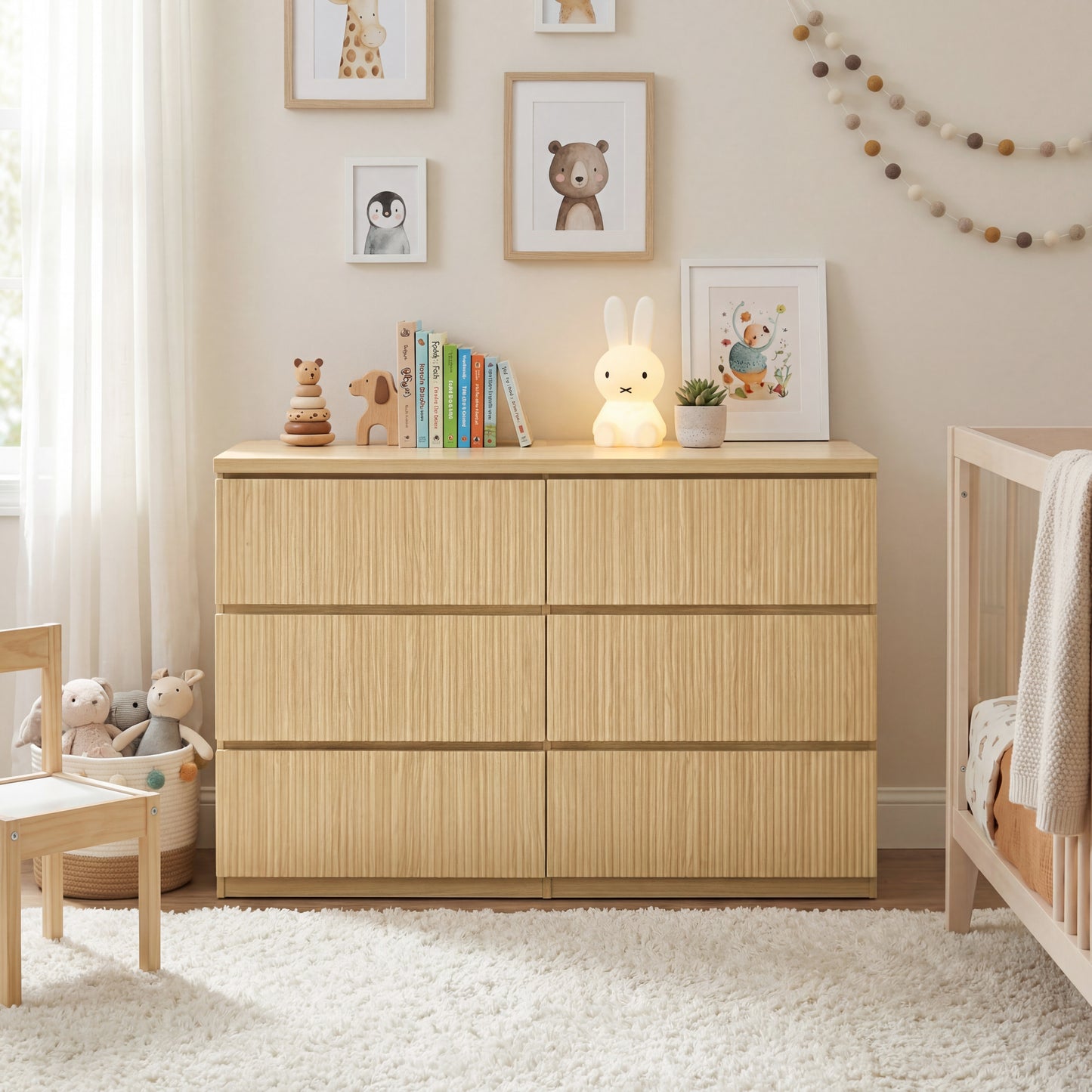 6 Drawer Storage Cabinet ,Dresser, Wood Storage Tower Clothes Organizer With Wavy Drawer Panel, Wide Chest Of 6 Drawers, Large Storage Space For Bedroom, Hallway, Entryway Living Room Natural