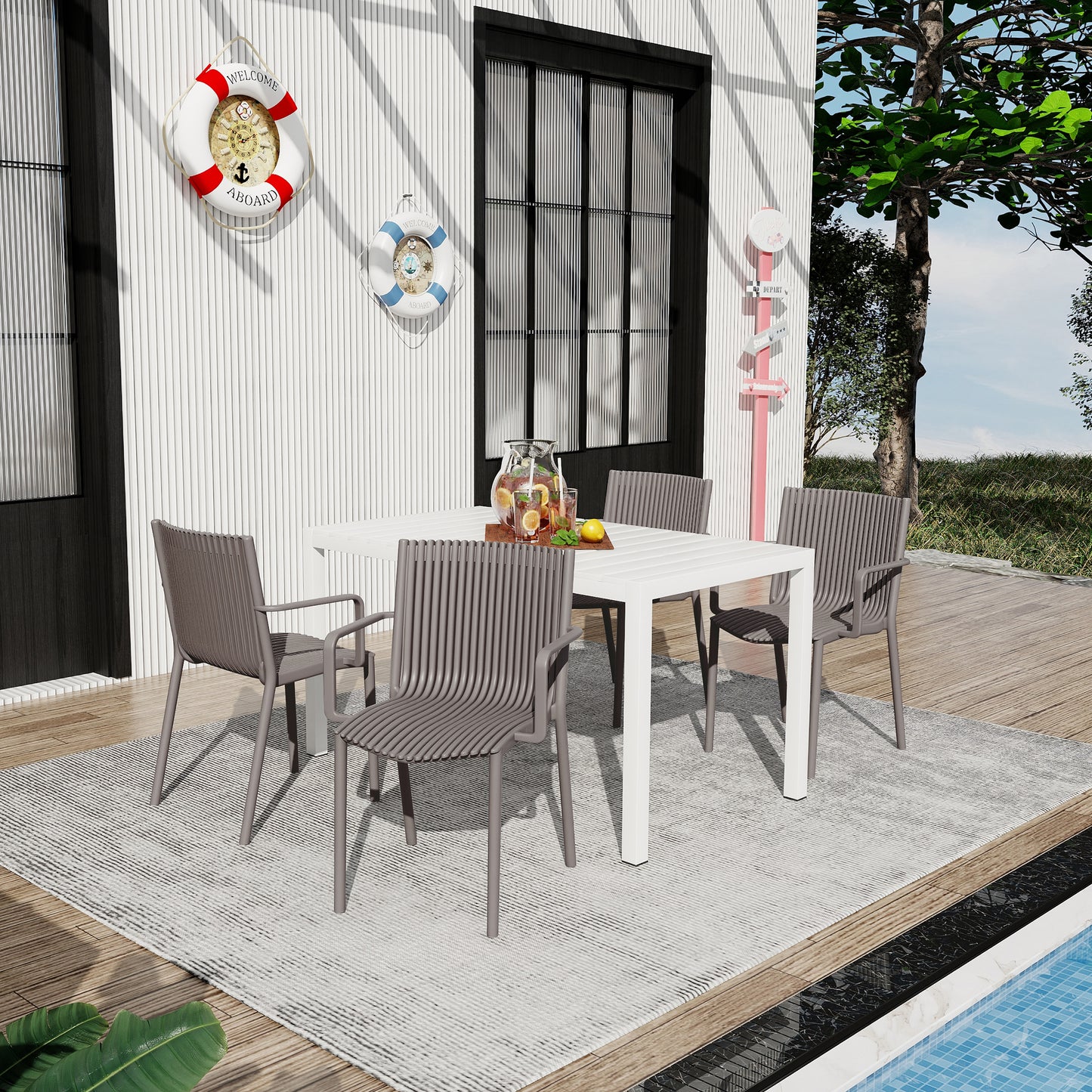 Holiday - 4pcs Warm Grey Stackable PP Armchair For Indoor Outdoor Use  Ergonomic Slatted Back With 55 Inch White Modern Long Table - Indoor Outdoor- Lightweight PP Tabletop With Metal