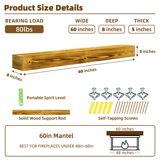 60  Fireplace Mantel, Rustic Fireplace Mantle Shelf With Invisible Brackets, Handcrafted Wood Floating Fireplace Mantel, Wall Mounted Fireplace Mantel Shelf For Living Room Decor, Wood Color