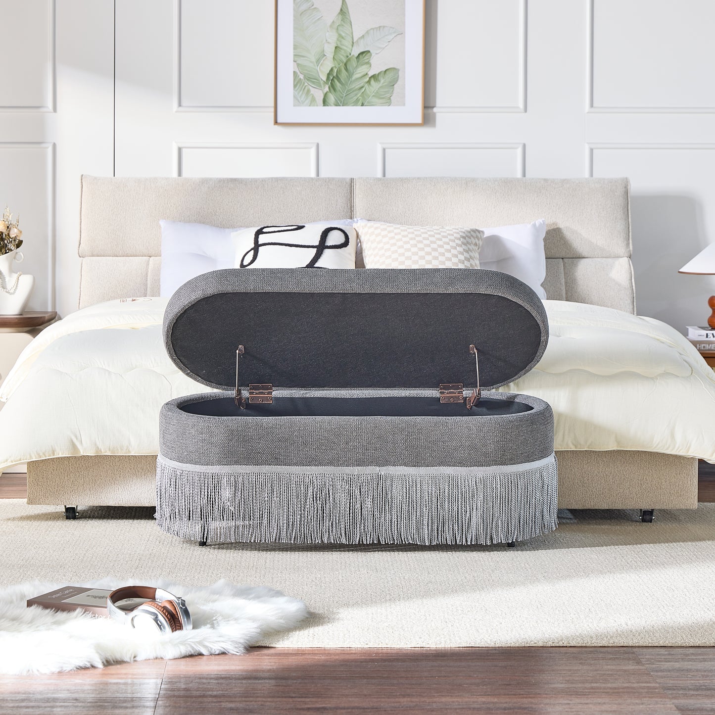 Oval Upholstered Storage Ottoman With Fringe Trim & Lift-Top Lid - 39L X 16W X 17H, Multi-Functional Footrest & Hidden Storage For Living Room Or Bedroom - Grey Fabric With Metal Frame