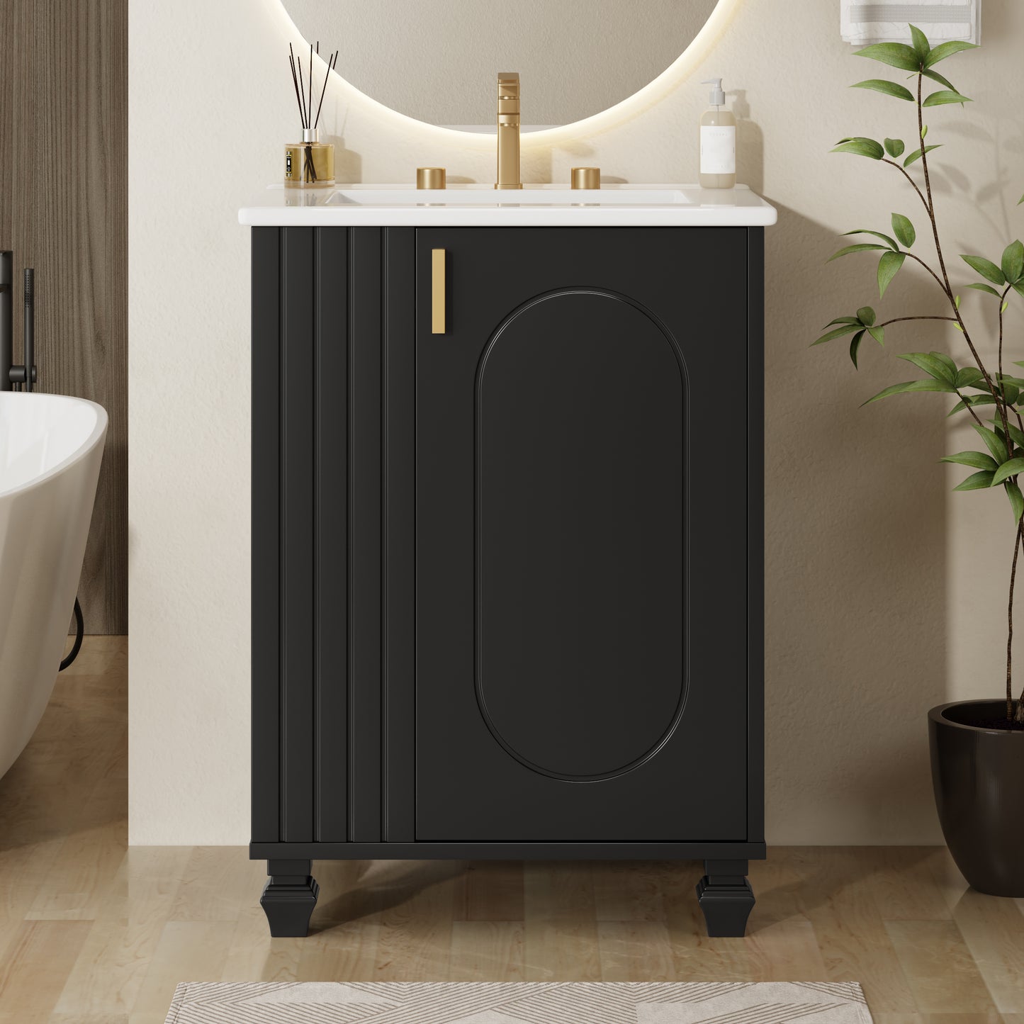 24  Bathroom Vanity With Sink, Bathroom Cabinet With Door Shelf, Side Open Storage, Solid Wood Frame,Soft Closing Door, Black