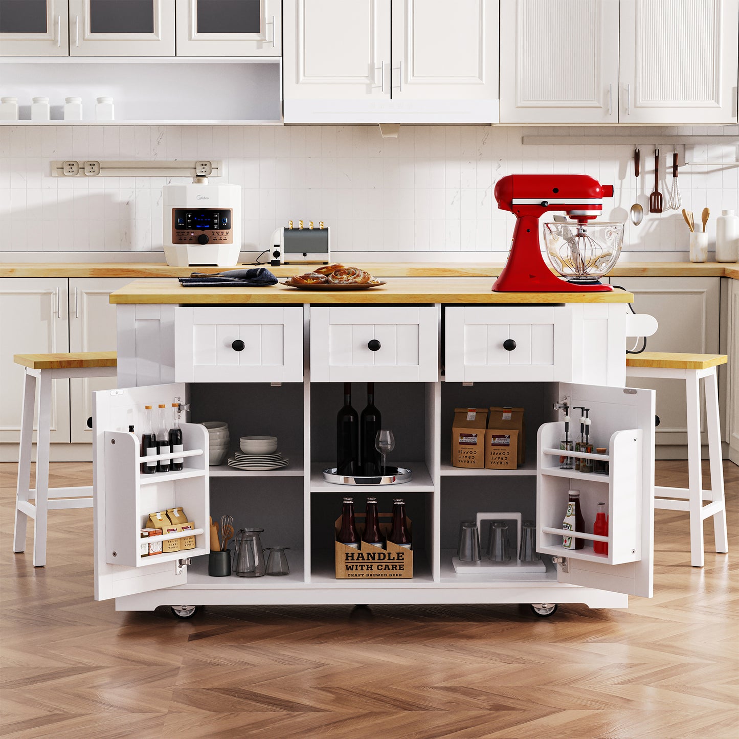 K&K 53inch Large Kitchen Island With Drop Leaf,Power Outlet,Door Internal Storage Rack,Rolling Kitchen Cart On 5 Wheels With 5 Open Side Racks For Kitchen,White  Two Packages  Stools Not Included