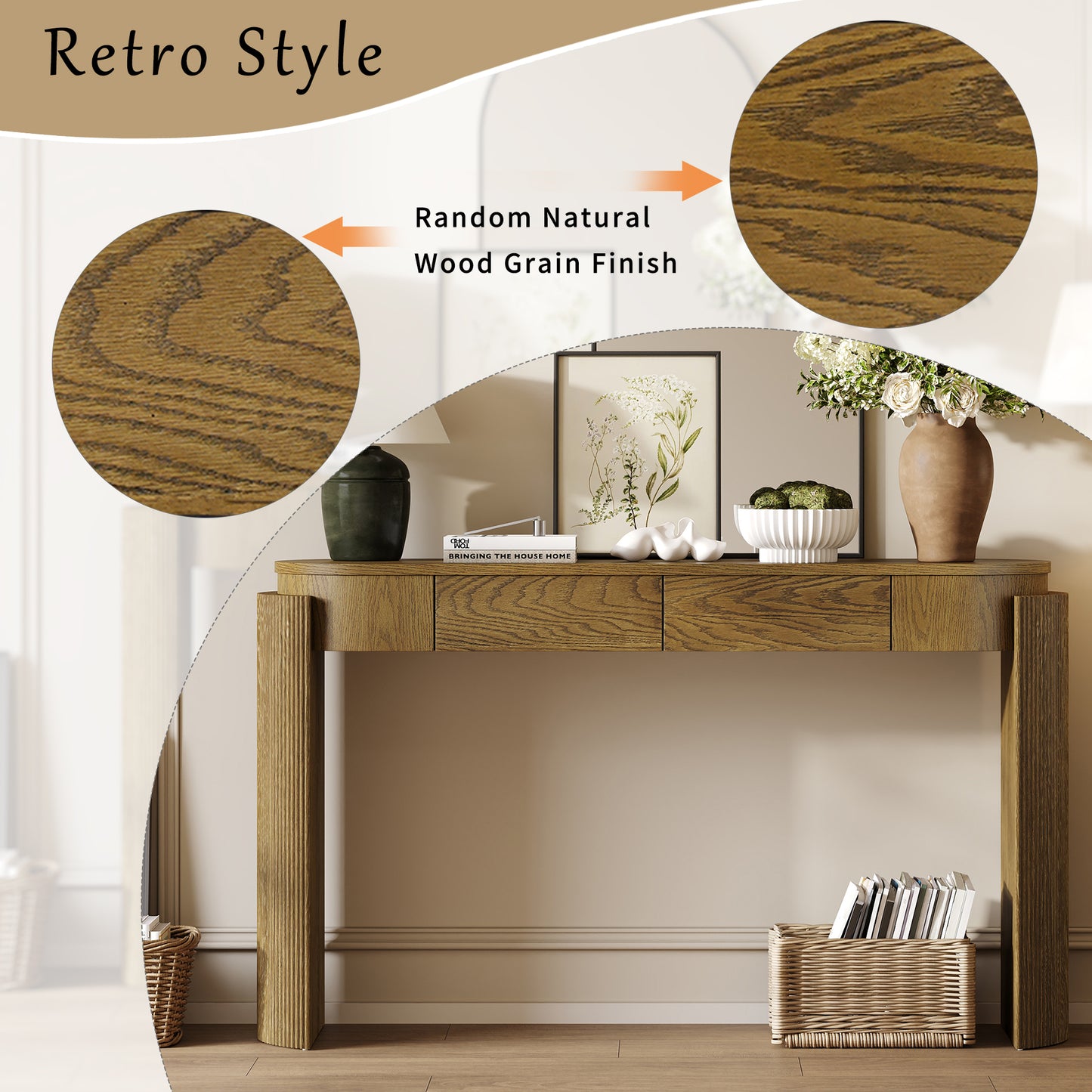 TREXM Entryway Table With Natural Wood Grain Finish  Console Table With Fluted Design  Oval Top And 2 Drawers For Entryway And Living Room  Pine Wood