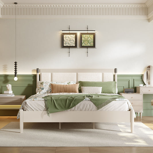 Solid Wood King Bed, Heavy Duty 600 Lbs Support, No Box Spring Needed, Grey Upholstered Headboard With Metal Handles
