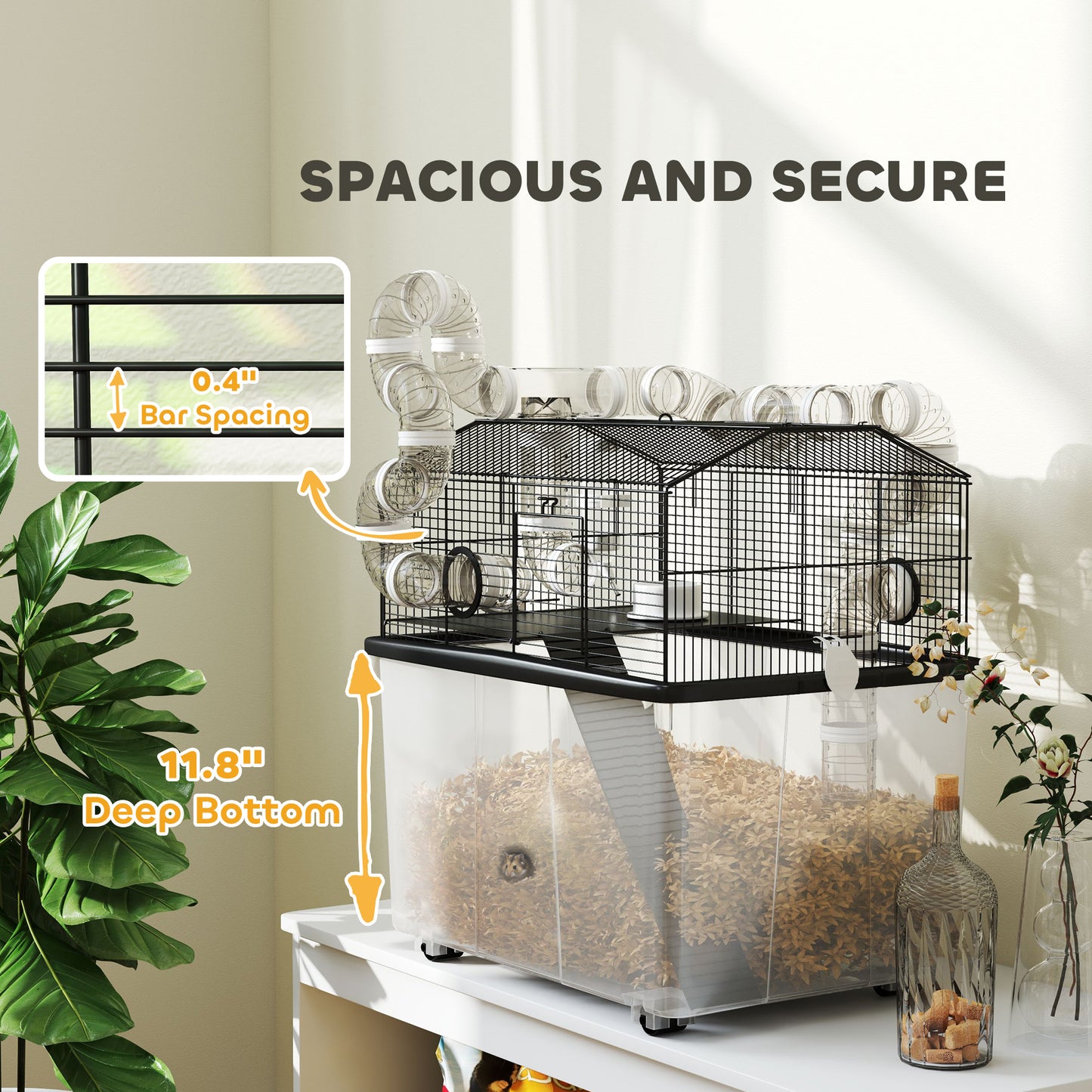 2 Tier Hamster Cage With 12" Deep Tray, Tube System, Water Bottle, Ramp, Feeding Bowl, 23" X 17" X 22", Black