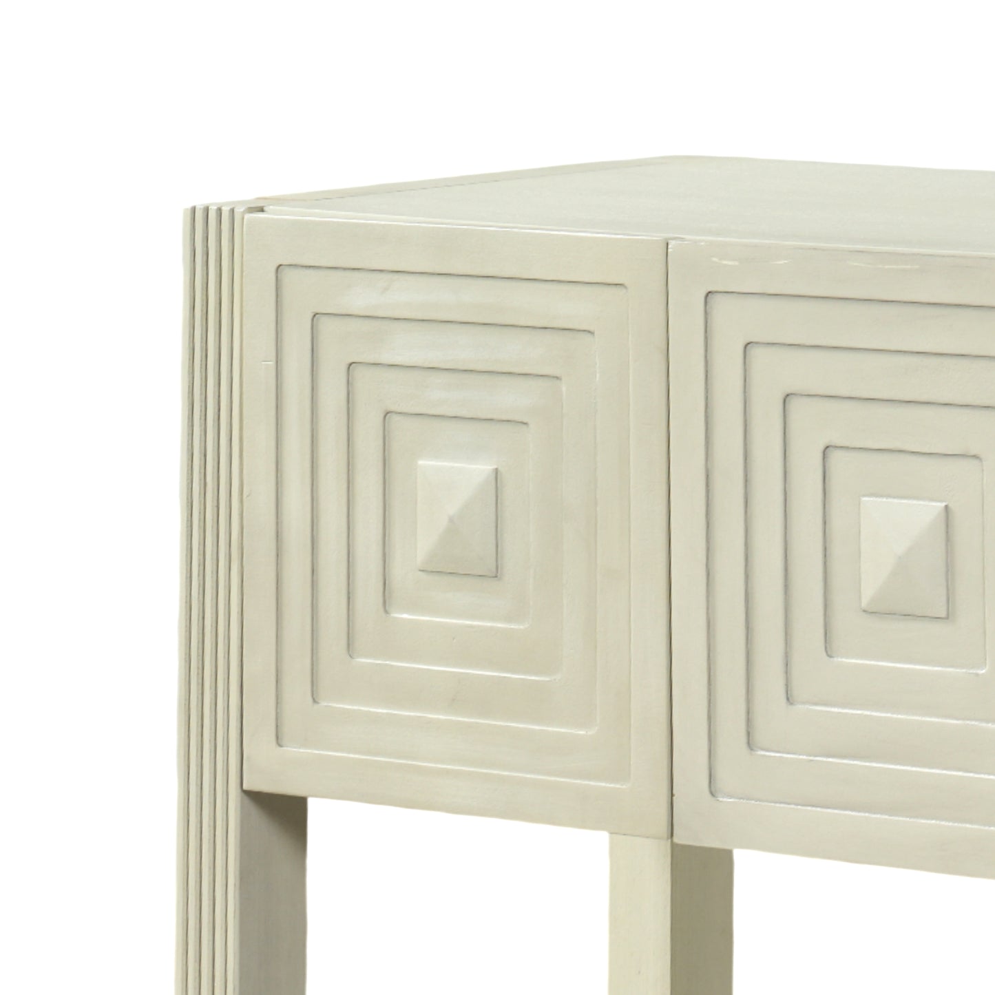 Video Geometric Carved Console Table With 3 Soft-Close Drawers, Fluted Leg Details, Entryway Sofa Table For Living Room Hallway, Natural