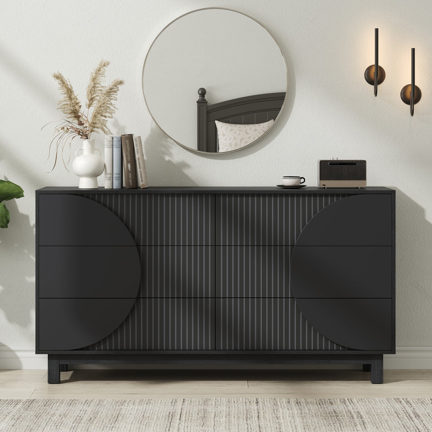 Modern 6 Drawer Fluted Dresser, 60   Wide Modern Chest Of Drawers, TV Stand With Solid Wood Legs, Clothes Organizer With 6 Deep Drawers, Storage Cabinet For Bedroom, Living Room, Entryway,Carbon Black