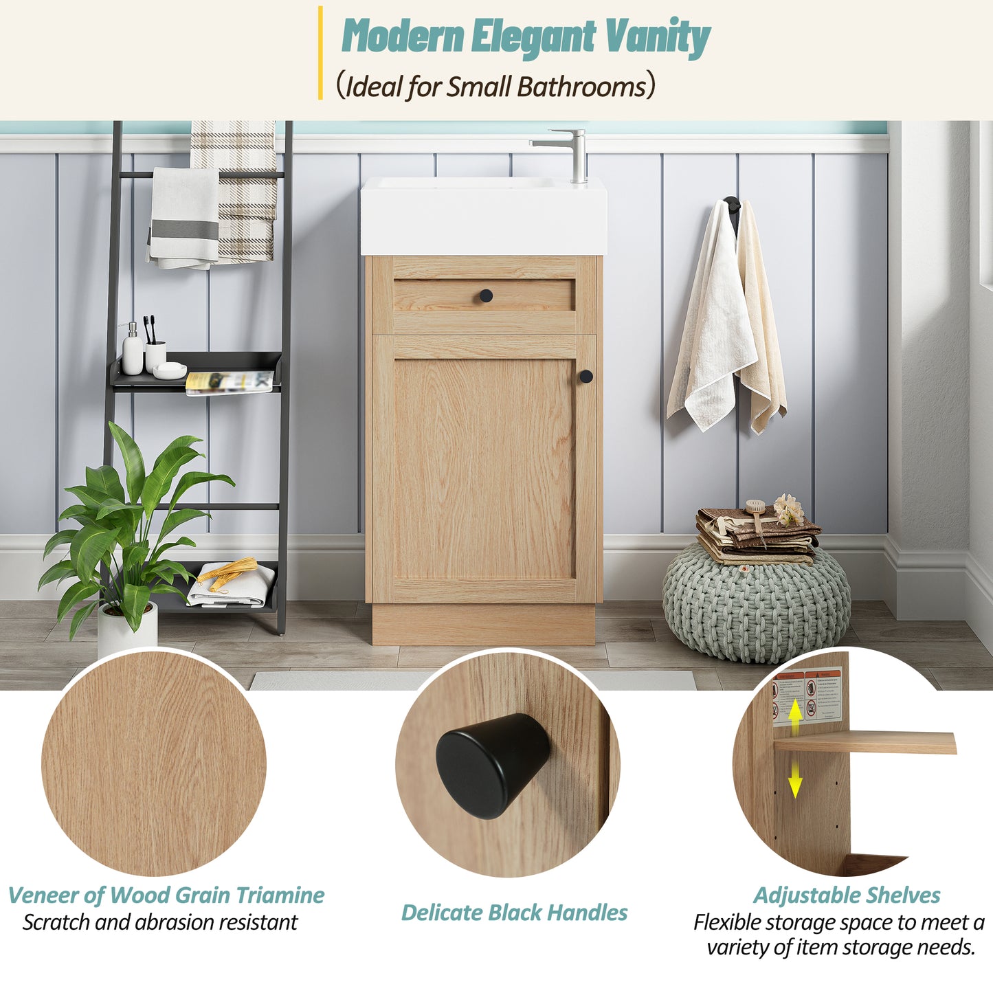 18.5  Bathroom Vanity With Reversible Resin Sink, MDF Cabinet With Adjustable Shelf And Elegant Zinc Alloy Handles, Wood Grain Melamine Finish, Reversible Door, Rustic Style For Small Spaces