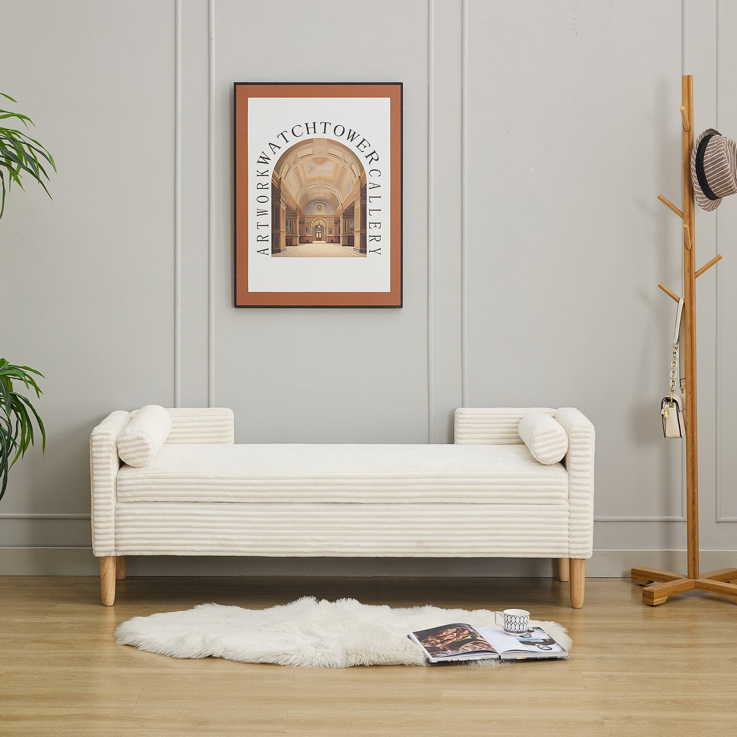 65.35 Wide Upholstered Flip-top Storage Accent Bed Bench, Corduroy Footrest Ottoman With Armrests&Backrest&2 Bolster Pillows Wood Legs For Living Room, End Of Bed, Hallway, Entryway Bedroom. Ivory