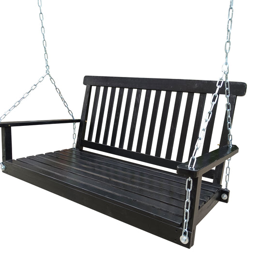Front Porch Swing With Armrests, Wood Bench Swing With Hanging Chains,for Outdoor Patio ,Garden Yard, Porch, Backyard,  Or Sunroom,Easy To Assemble,black