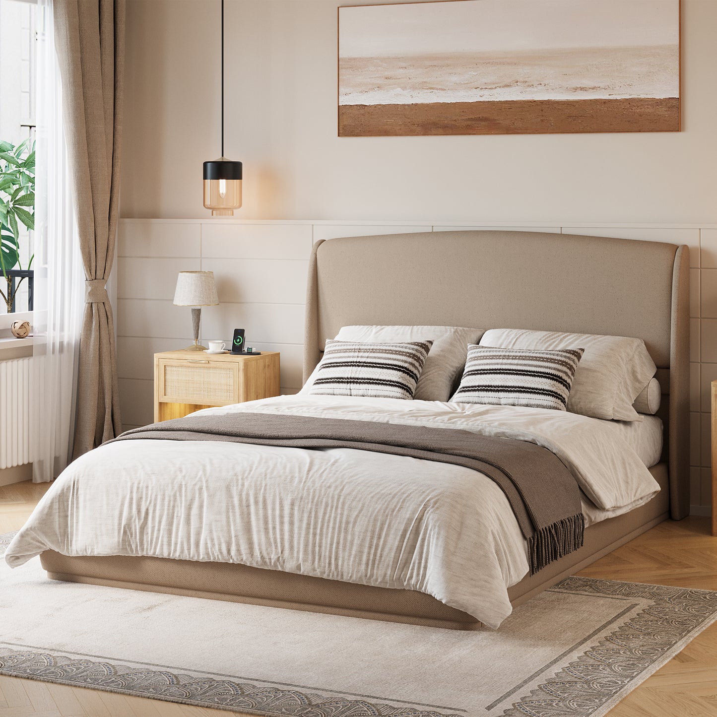 Upholstered Queen Bed Frame With Wingback Headboard, Low Profile Platform Bed With Padded Headboard, No Box Spring Needed, Easy Assembly, Elegant Linen Fabric, Brown