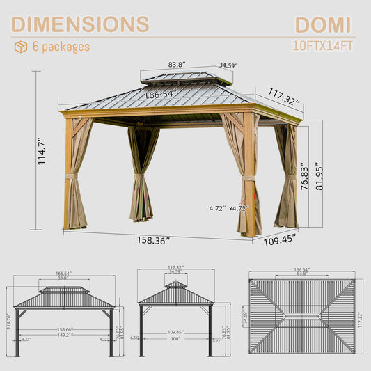10   X 14   Hardtop Gazebo Outdoor Metal Gazebo Canopy With Galvanized Steel Double Roof, Wood Grain Aluminum Frame, Curtains And Netting For Patio, Deck, Garden