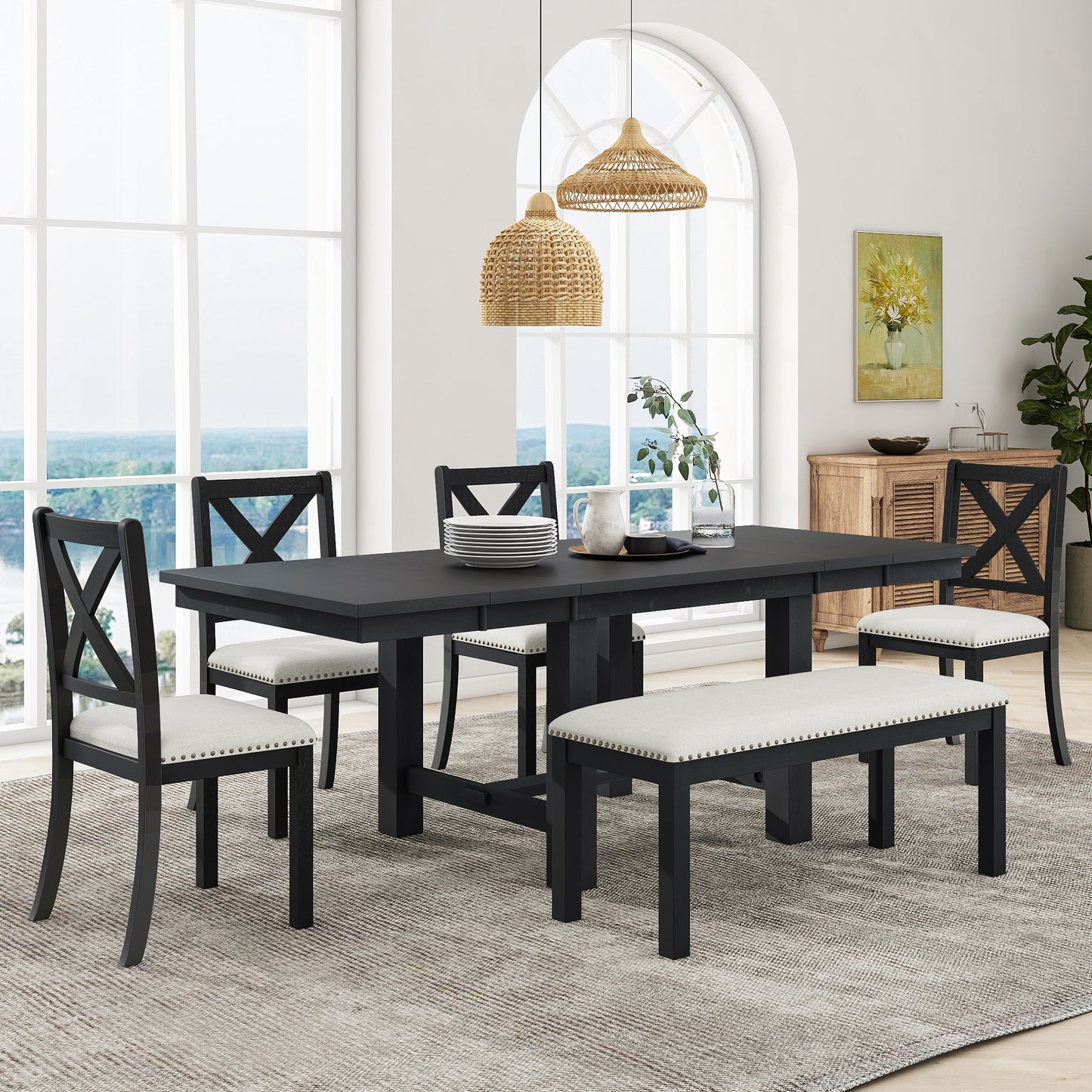 TOPMAx Farmhouse 82inch 6- Piece Extendable Dining Table With Footrest  4 Upholstered Dining Chairs And Dining Bench  Two 11 Removable Leaf  Black Beige Cushion