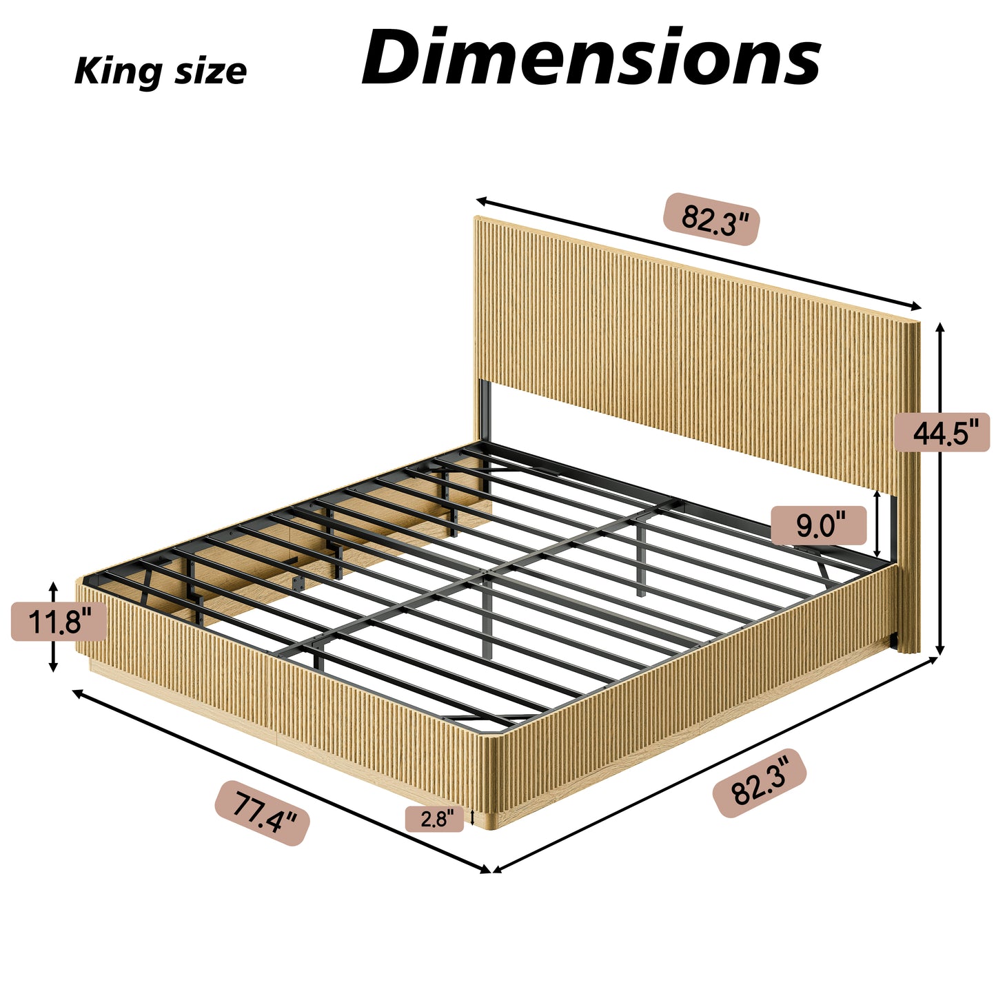 Kind Size Bed Frame With LED Lights, Modern Wooden Corrugated Curved Lines, Convex Groove Board Design, Oak.