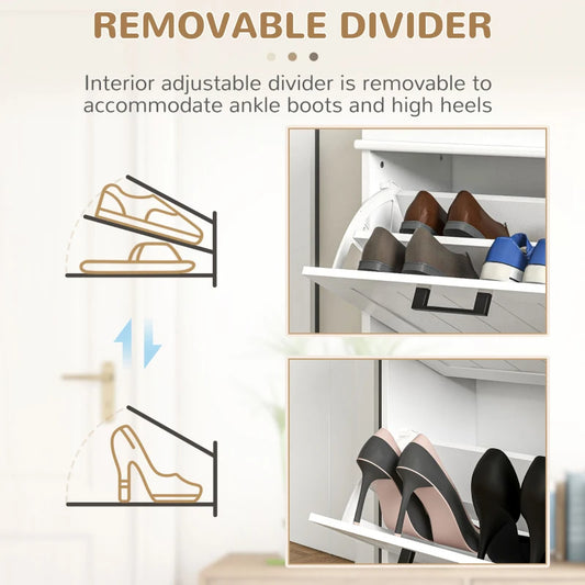 Modern Shoe Storage Cabinet With 2 Flip Drawers For 10 Pairs, Narrow Shoe Organizer For Entryway, Hallway, White