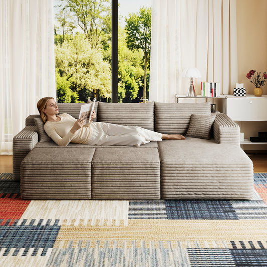 95  Cloud Sectional Sofa With 2 Ottoman,Modern Minimalist Upholstered Couches, Comfort U Shaped Sofa For Living Room,Deep Seat Corner Couch,No Assembly Required,Camel Plush Corduroy Fabric