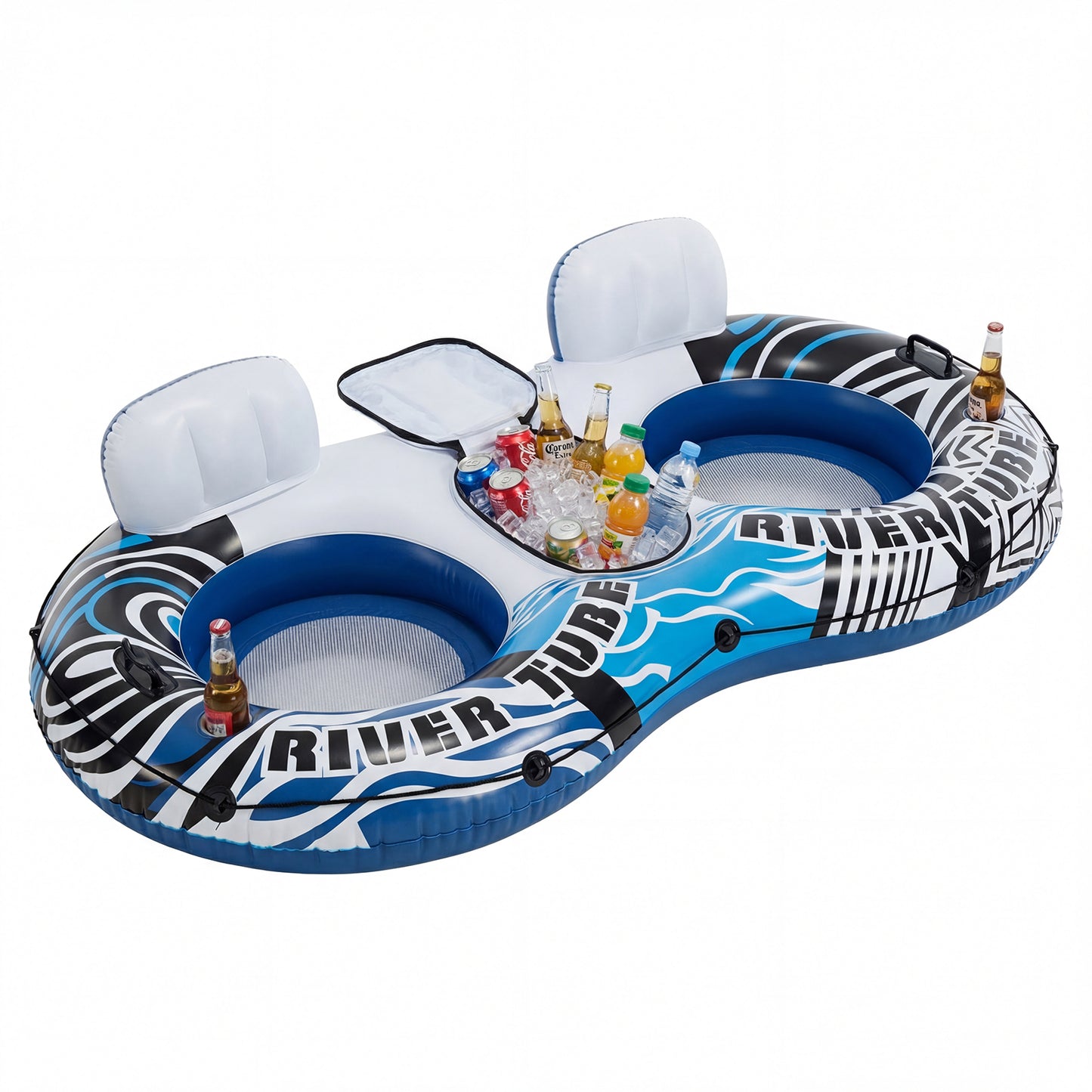 2 Inflatable River Floaters, Equipped With Detachable Refrigerators And Two Cup Holders, Featuring A Supportive Backrest, And With GRAP Ropes