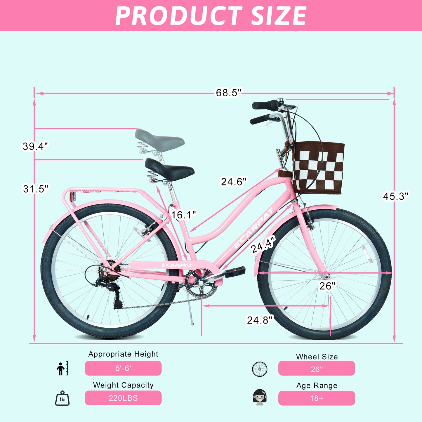 26 Inch 7-Speed City Commuter Bike With Lock & Detachable Basket High-Tensile Steel Frame, Lightweight Alloy Wheels & V-Brakes Multiple Colors For Urban Riding