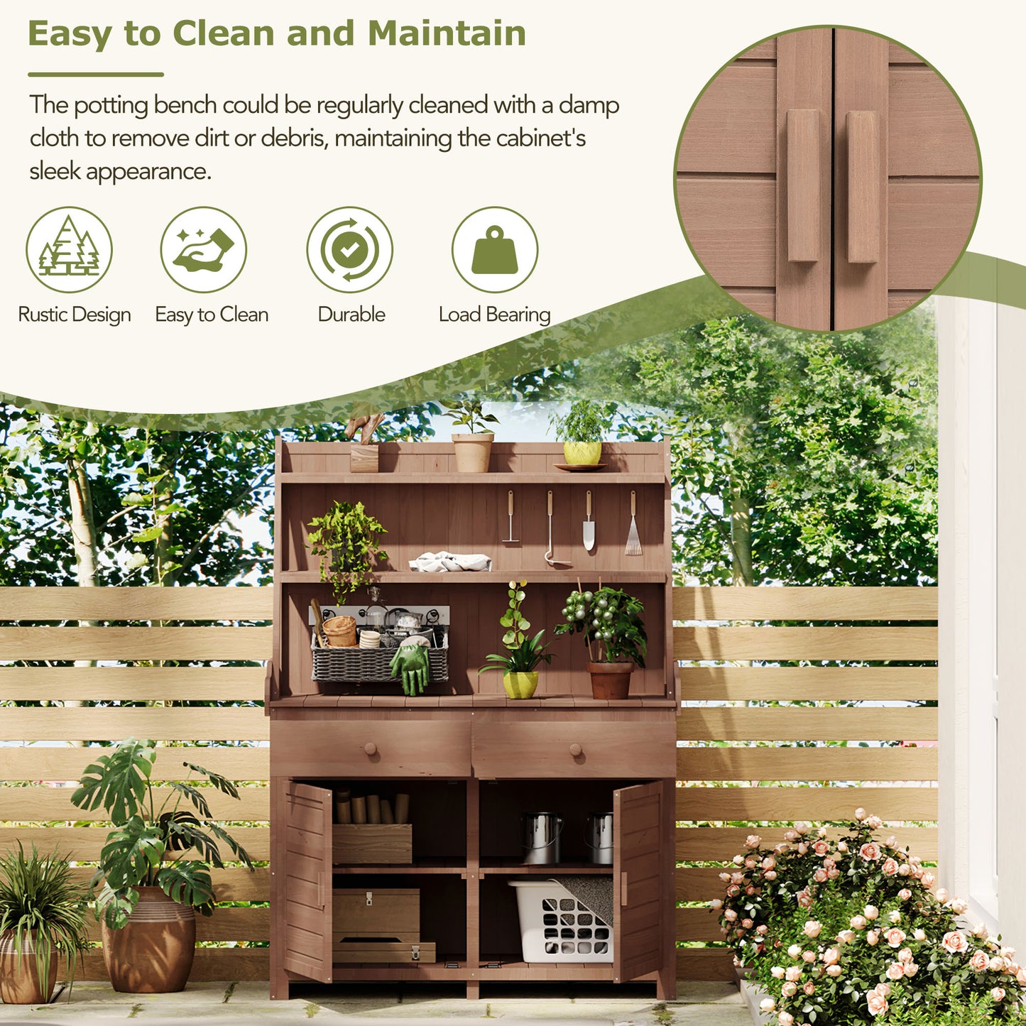 TOPMAx 65inch Garden Potting Bench Table  Fir Wood Workstation With Storage Shelf  Drawer And Cabinet  Brown
