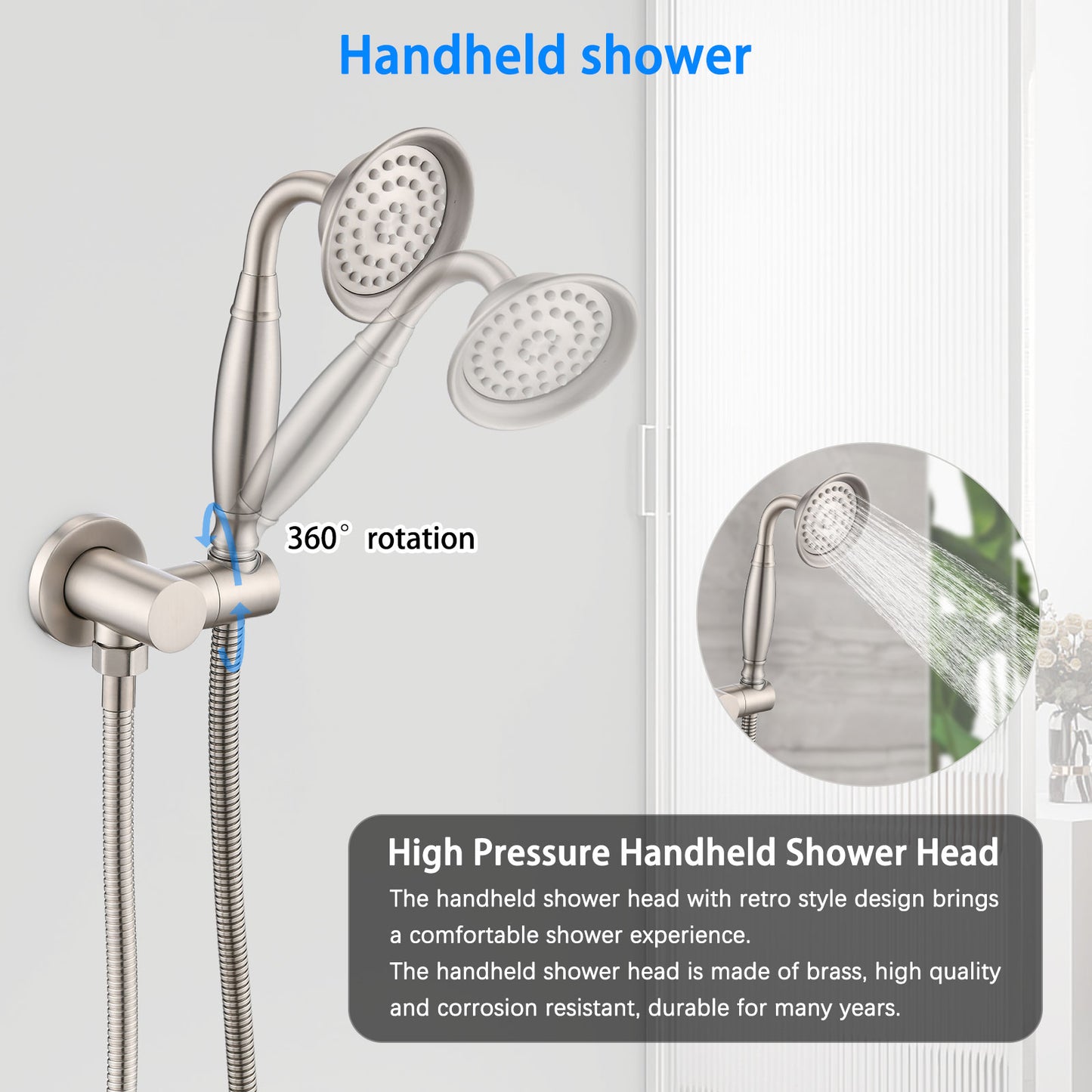 Single-Handle 4-Spray Patterns Bathroom Rain Shower Faucet With Body Jet Handshower In Brushed Nickel  Valve Included