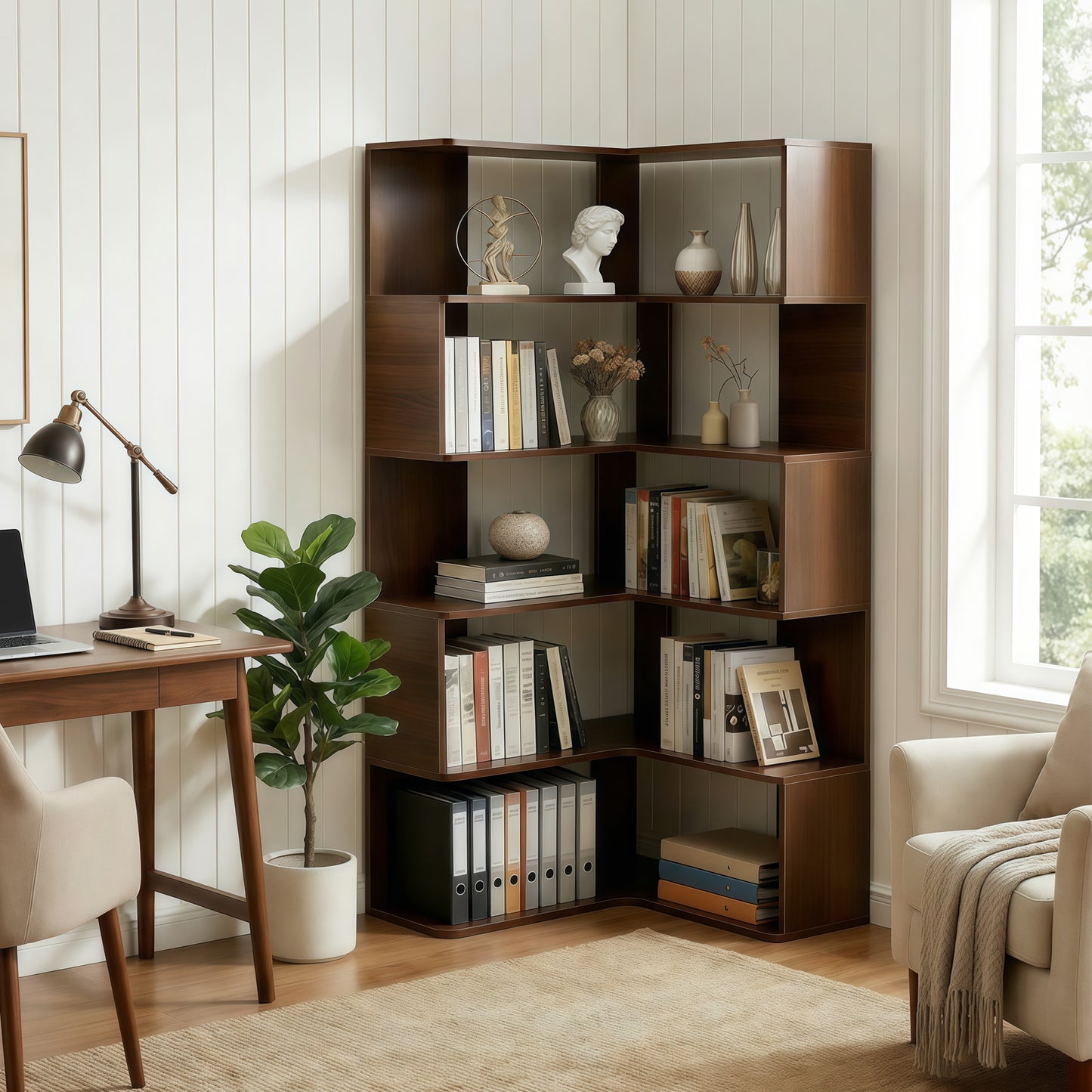 6 Tier Corner Bookshelf, 66  Tall L Shaped Bookshelf With Baffle, Freestanding Display Corner Shelf, Wooden Bookcase With Open Shelf Units For Living Room, Bedroom, Home Office, Walnut