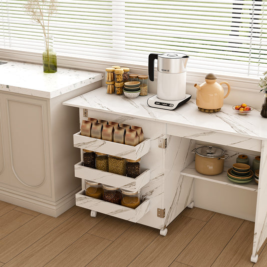 4-in-1 Folding Sewing Table With Lockable Wheels - Multi-Functional Craft Station  End Table  Computer Desk & Kitchen Storage With Shelves  White Rolling Sewing Machine Table For Apartments