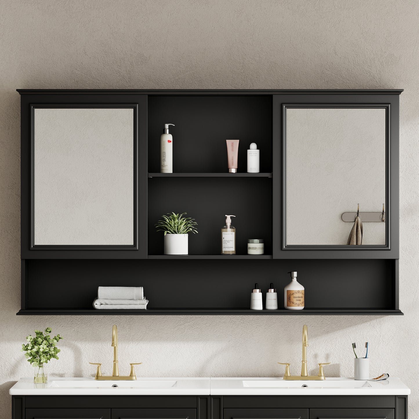 Video 60  Wall-Mounted Bathroom Medicine Cabinet With Double Mirrored Doors, Adjustable Shelves, Open Storage, Soft-Close Hinges, Black