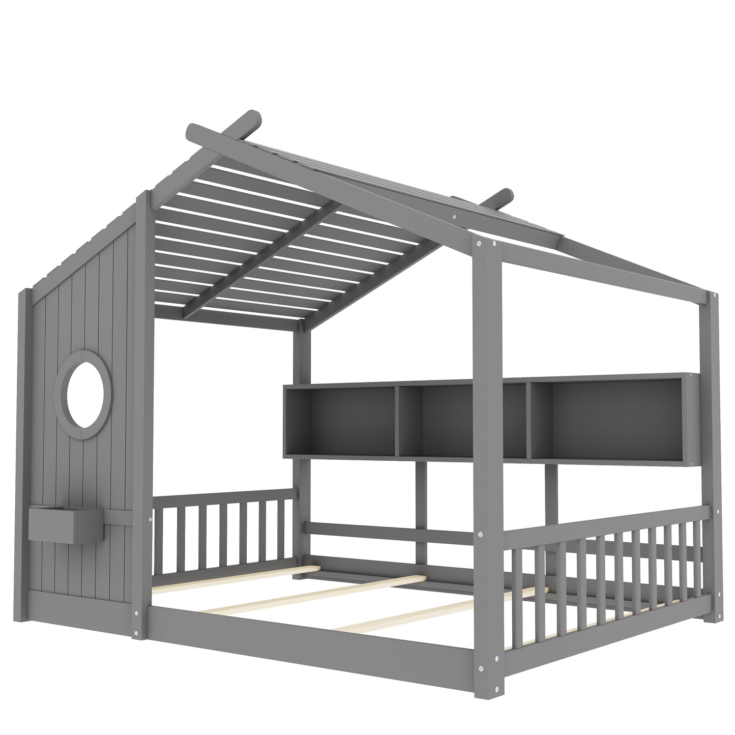 Full Size Floor House Bed For Toddler, Kids Montessori Bed  With Storage Shelf, Playhouse Bed With Roof Design, Gray
