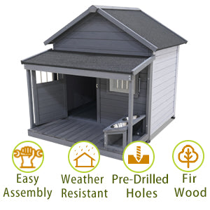 Large Dog House, Long 44.2  X Wide 44.6  X High 44.6  Solid Wood Asphalt Roof Dog House With Large Terrace For Large Dogs, Weatherproof Large Dog House  Improved ,Small Wooden Doors That Can Be Locked